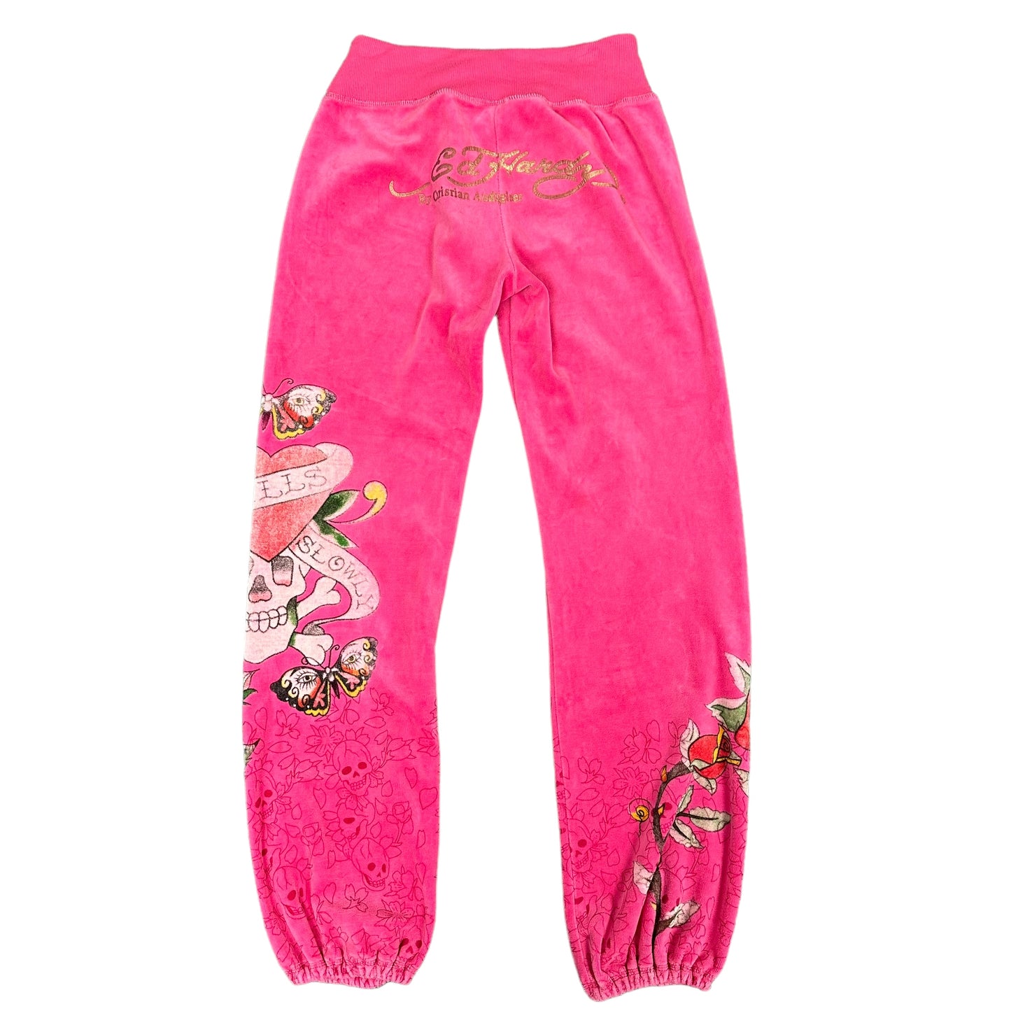 Ed Hardy Pink Skull Rose Velour Sweatpants