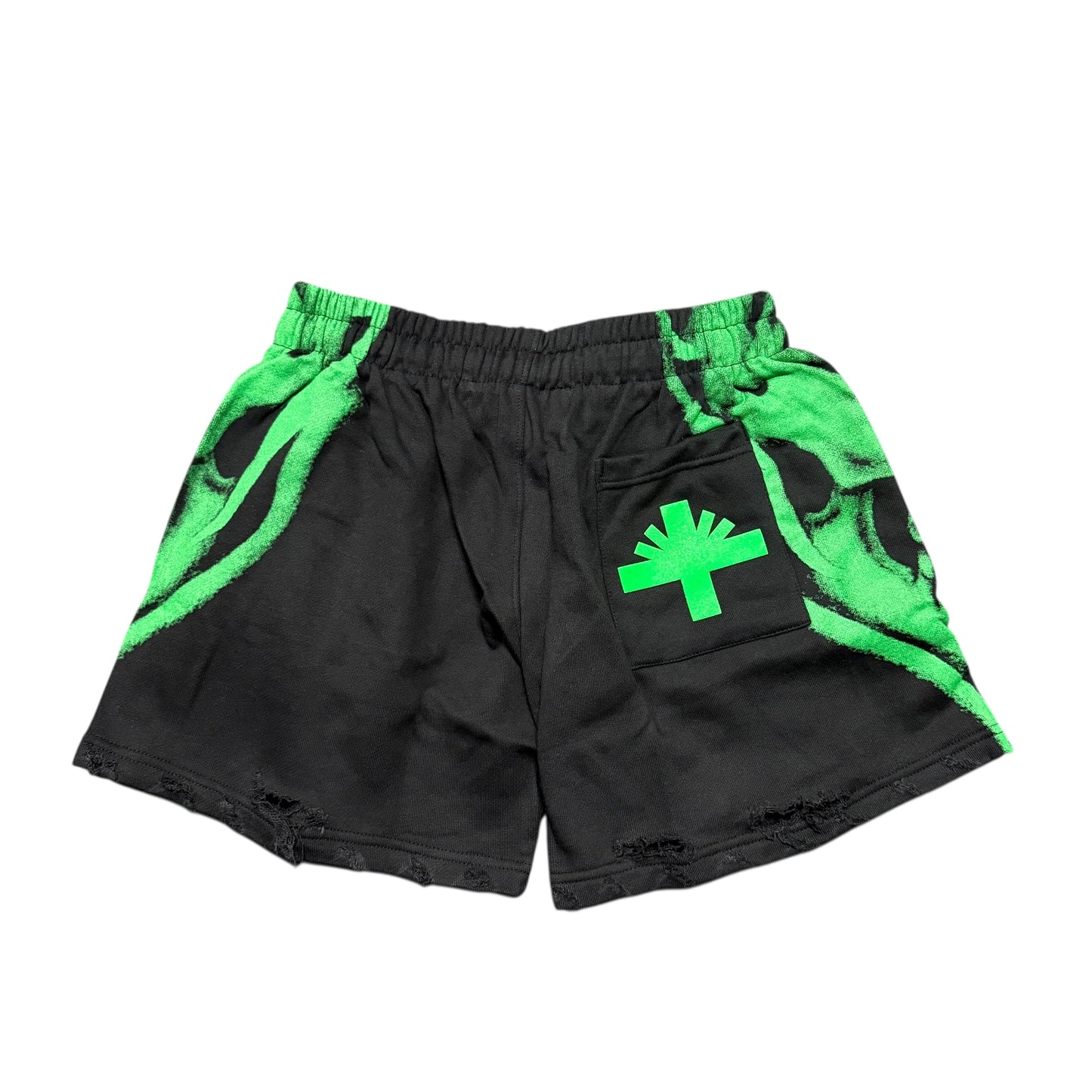Brand New Vertabrae Skull Storm Distressed Shorts Green