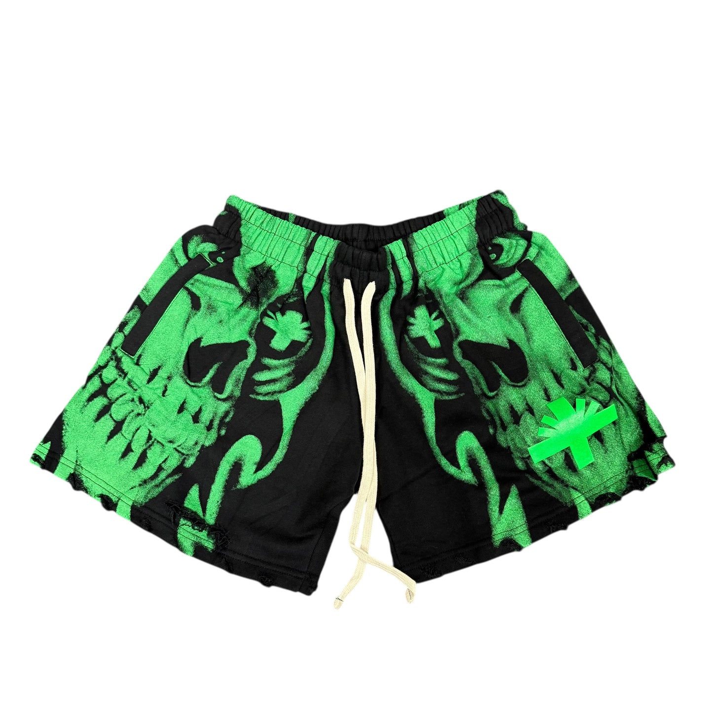 Brand New Vertabrae Skull Storm Distressed Shorts Green