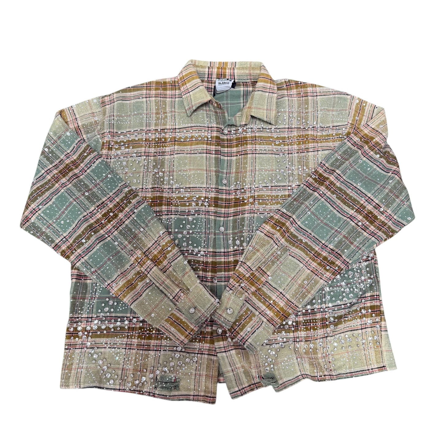 Vale Lives Green Plaid Rhinestone Button Up