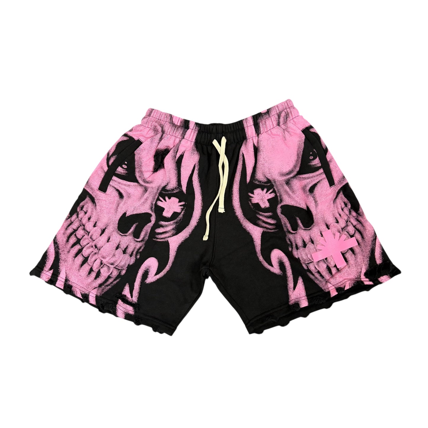 Brand New Vertabrae Skull Storm Distressed Shorts Pink