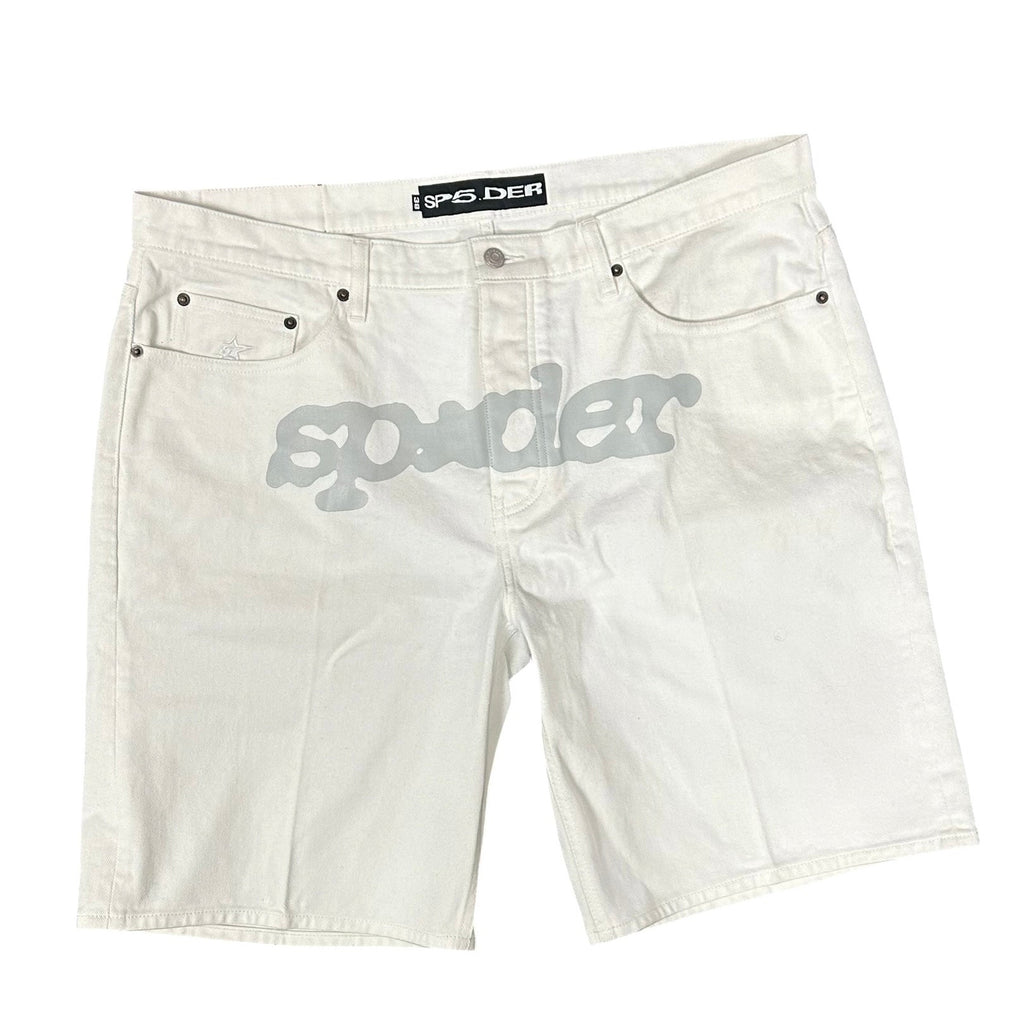 Sp5der Front Logo White Denim Shorts