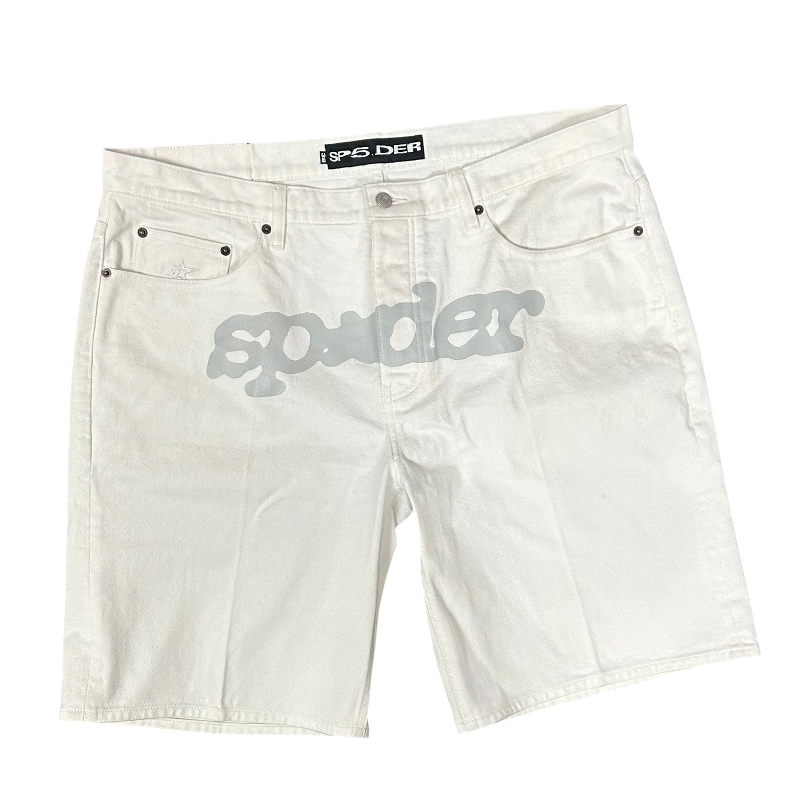 Sp5der Front Logo White Denim Shorts