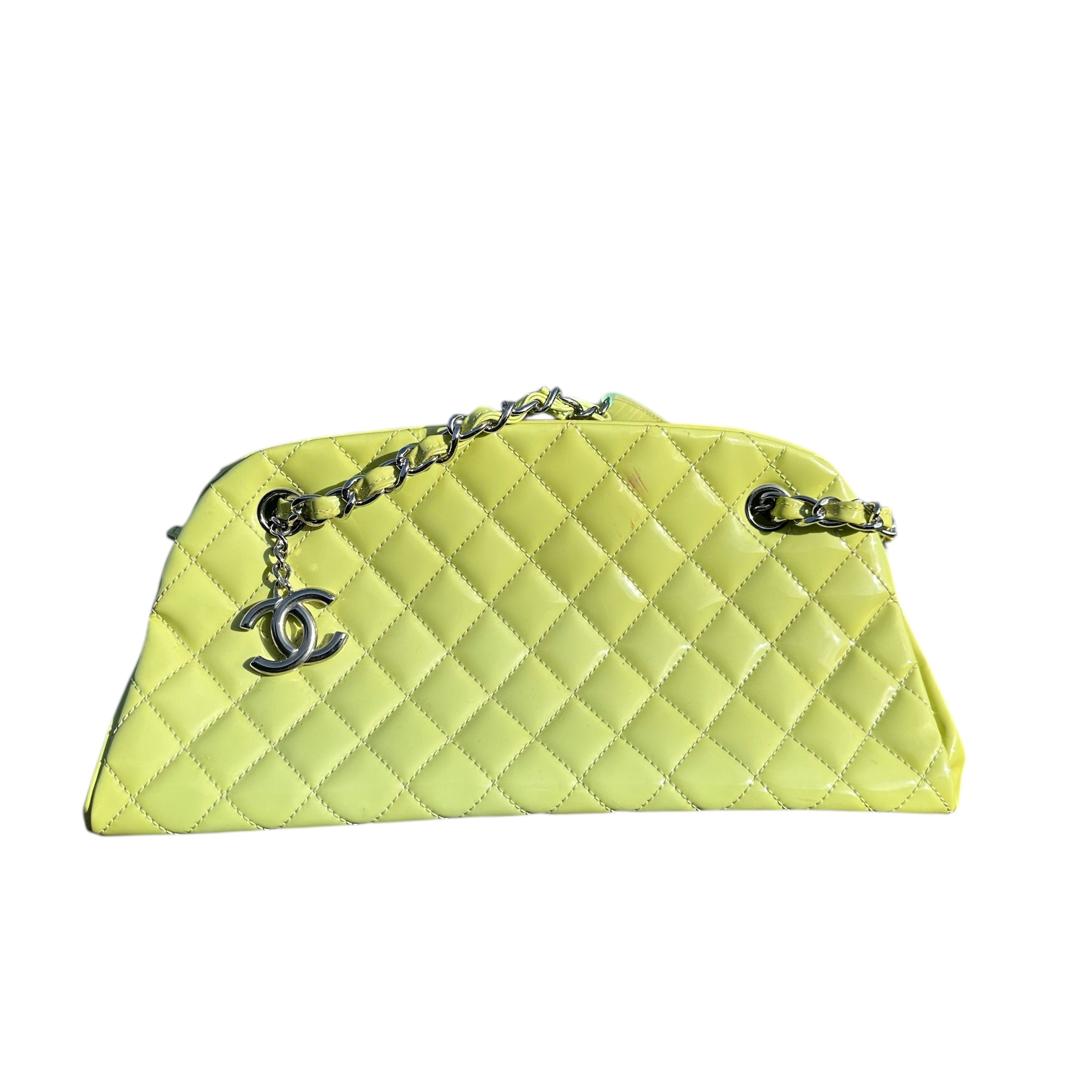 CHANEL Matelasse Chain Tote Bag Patent leather Green Silver