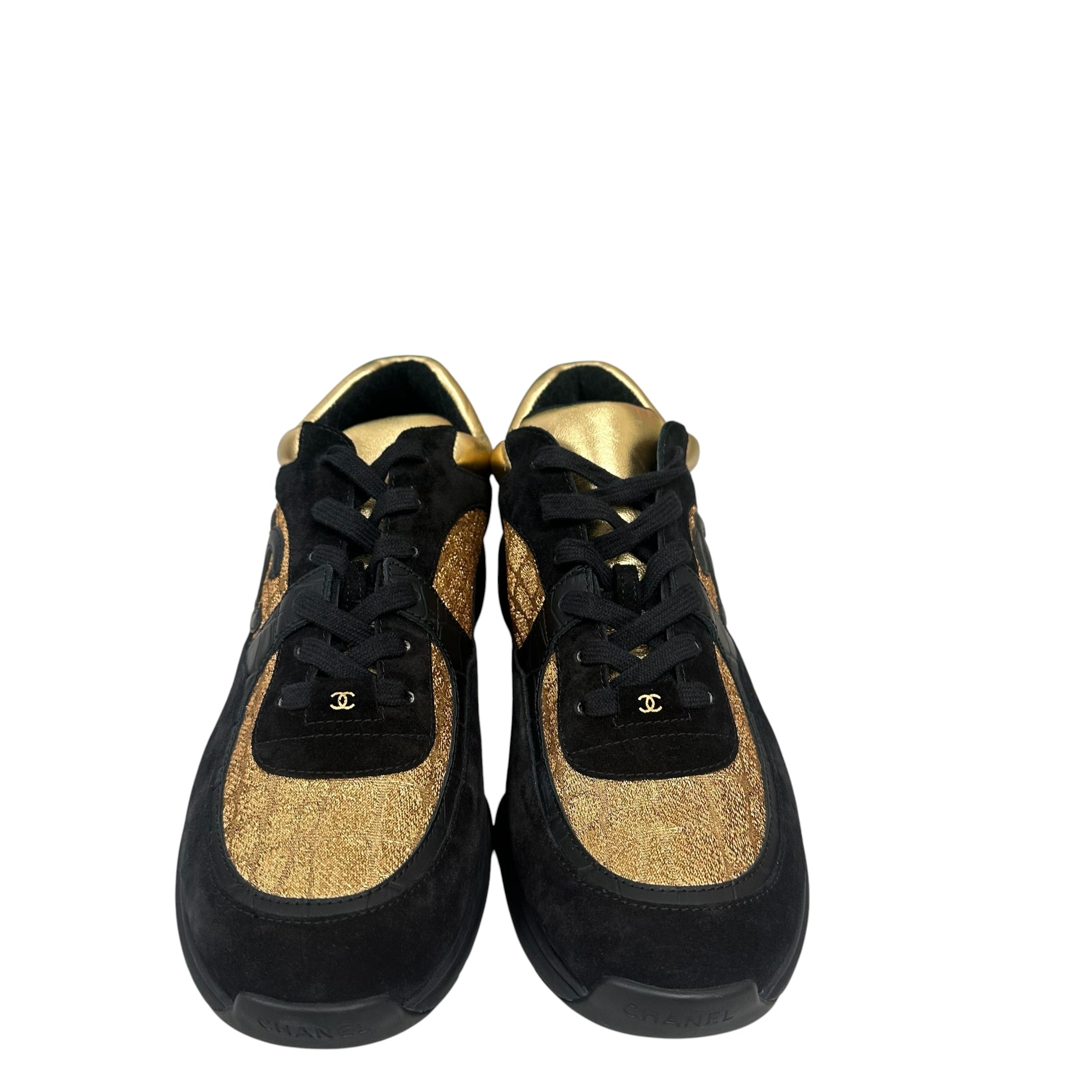 CHANEL Black and Gold CC Emblem Low TopTrainer Sneakers