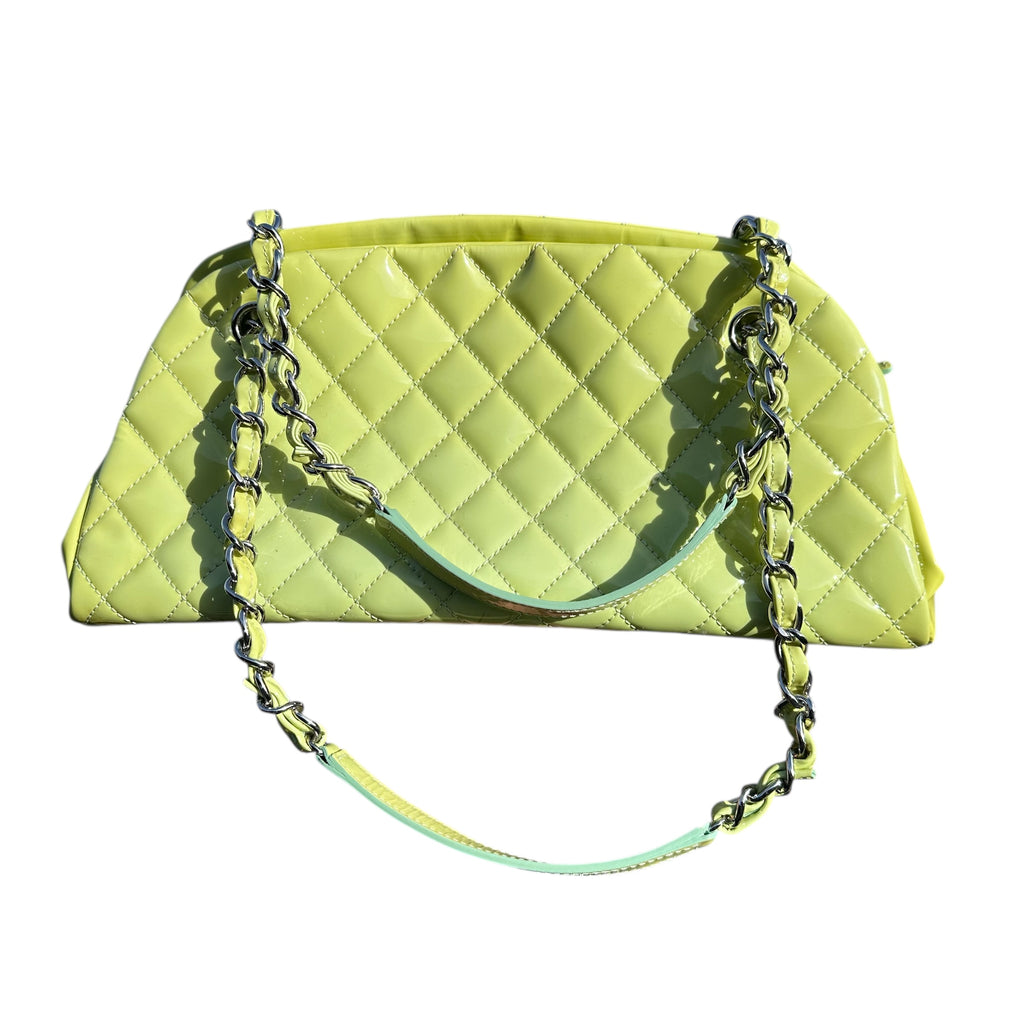CHANEL Matelasse Chain Tote Bag Patent leather Green Silver