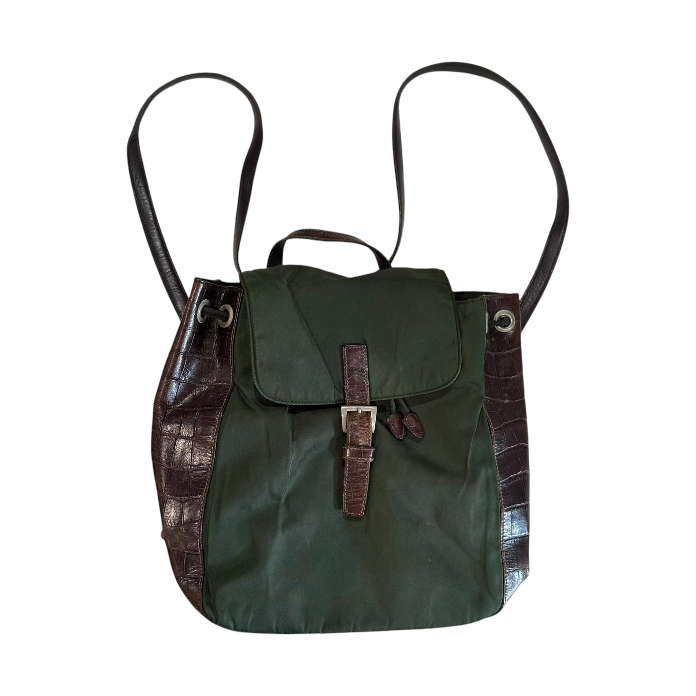 Prada Croc-Embossed Leather Vela Nylon Backpack