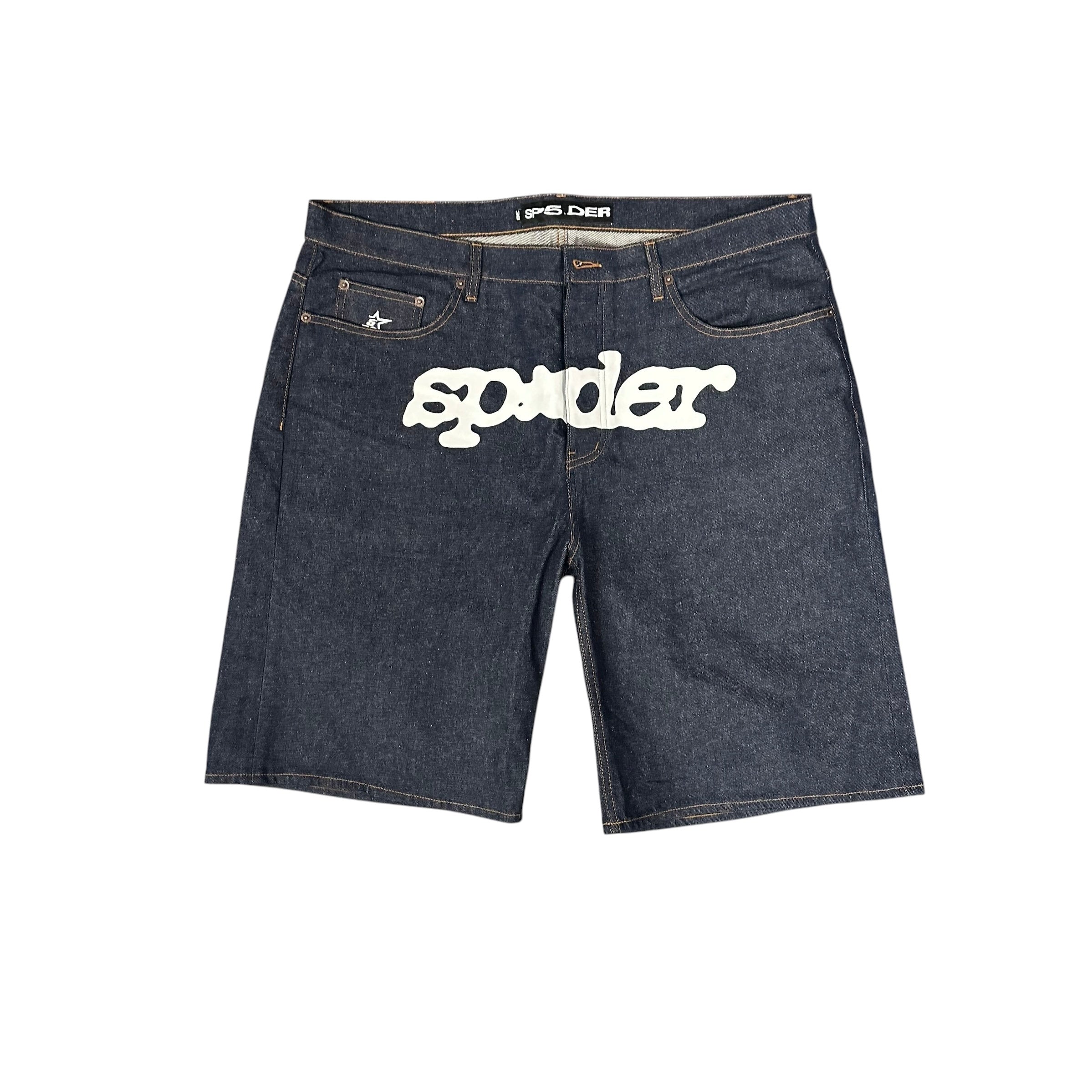 Sp5der Front Logo Blue Denim Shorts