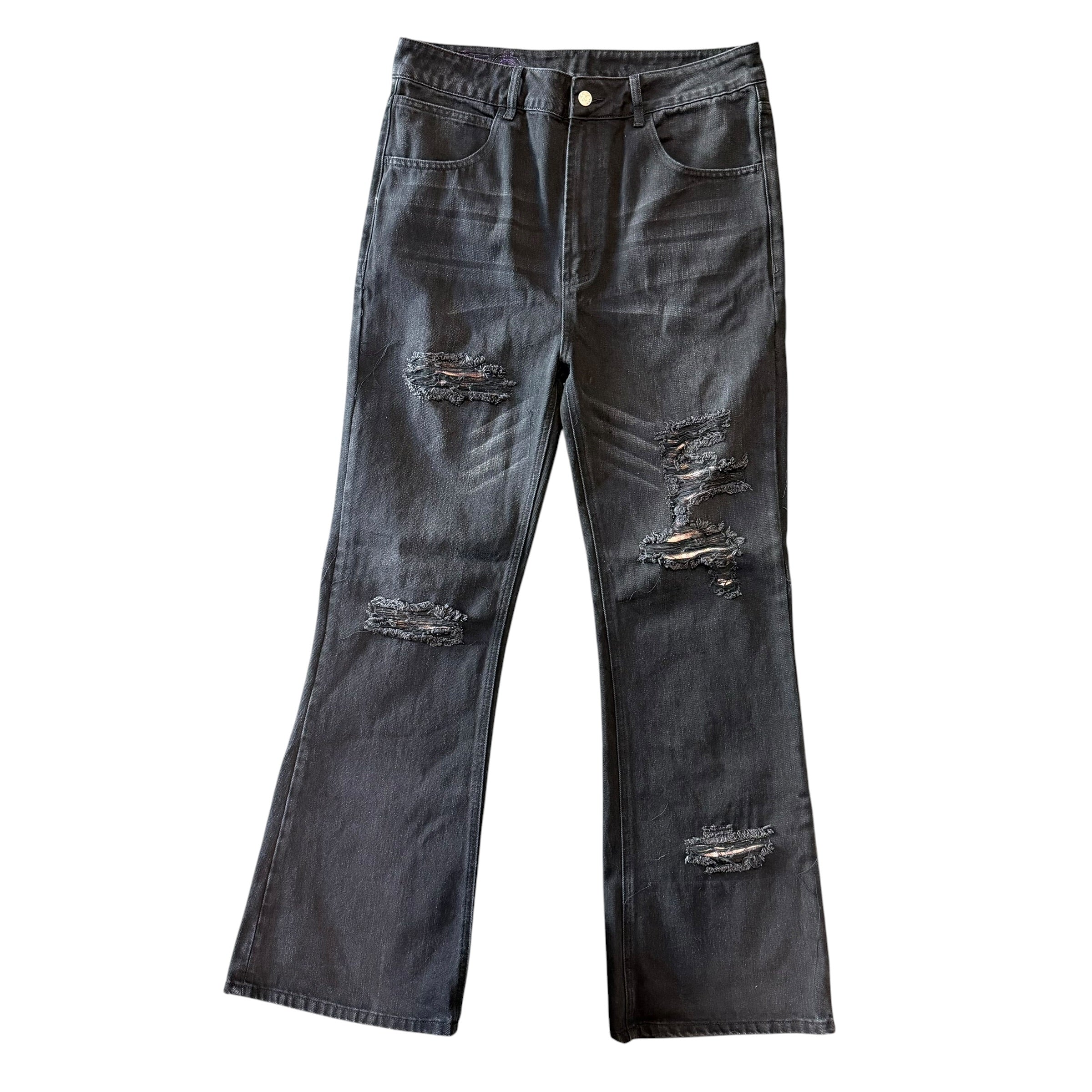74 is War Black Distressed Flare Jeans