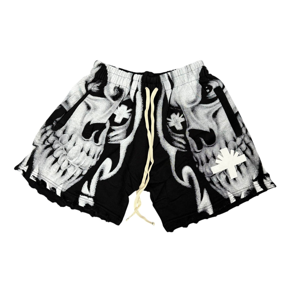 Brand New Vertabrae Skull Storm Distressed Shorts White