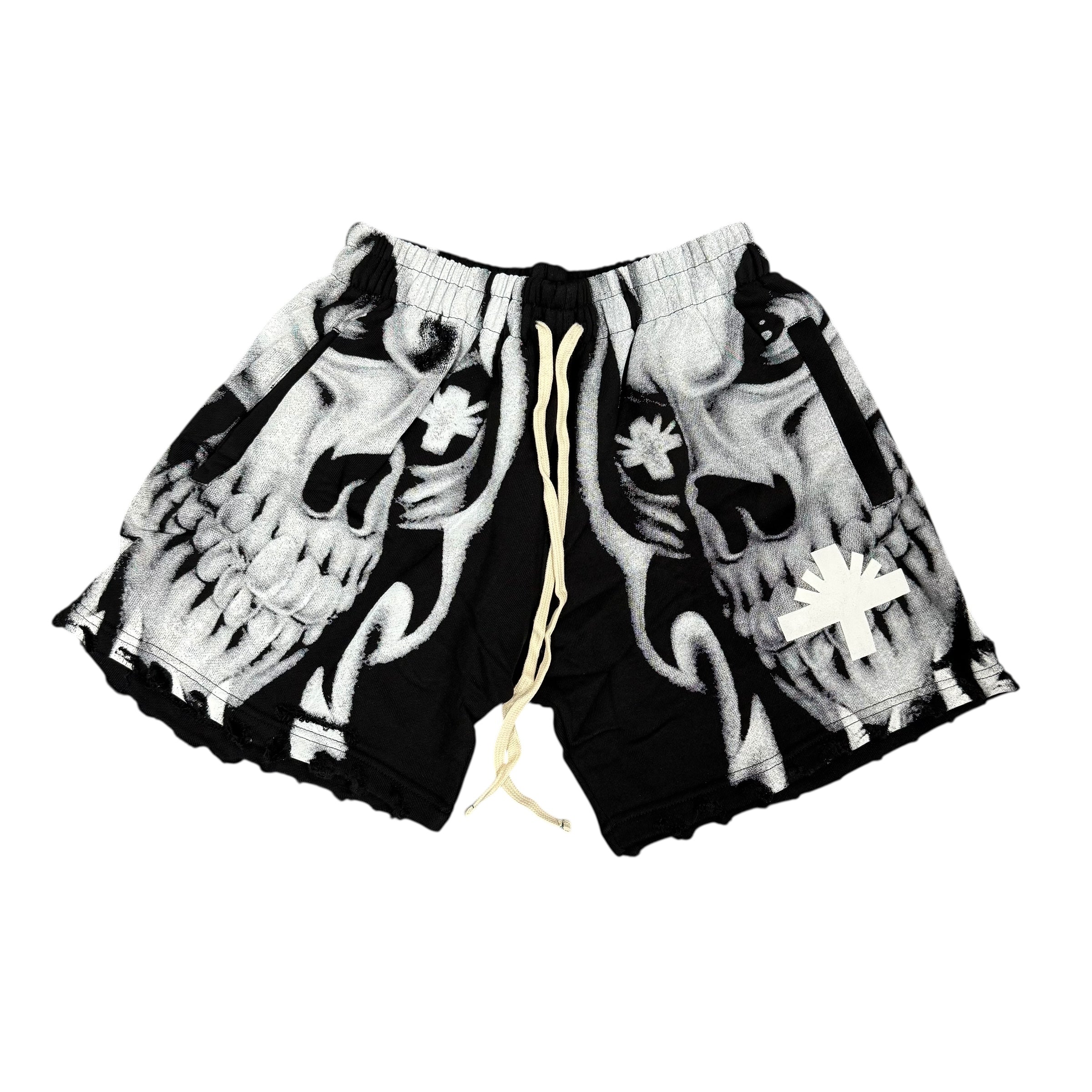 Brand New Vertabrae Skull Storm Distressed Shorts White