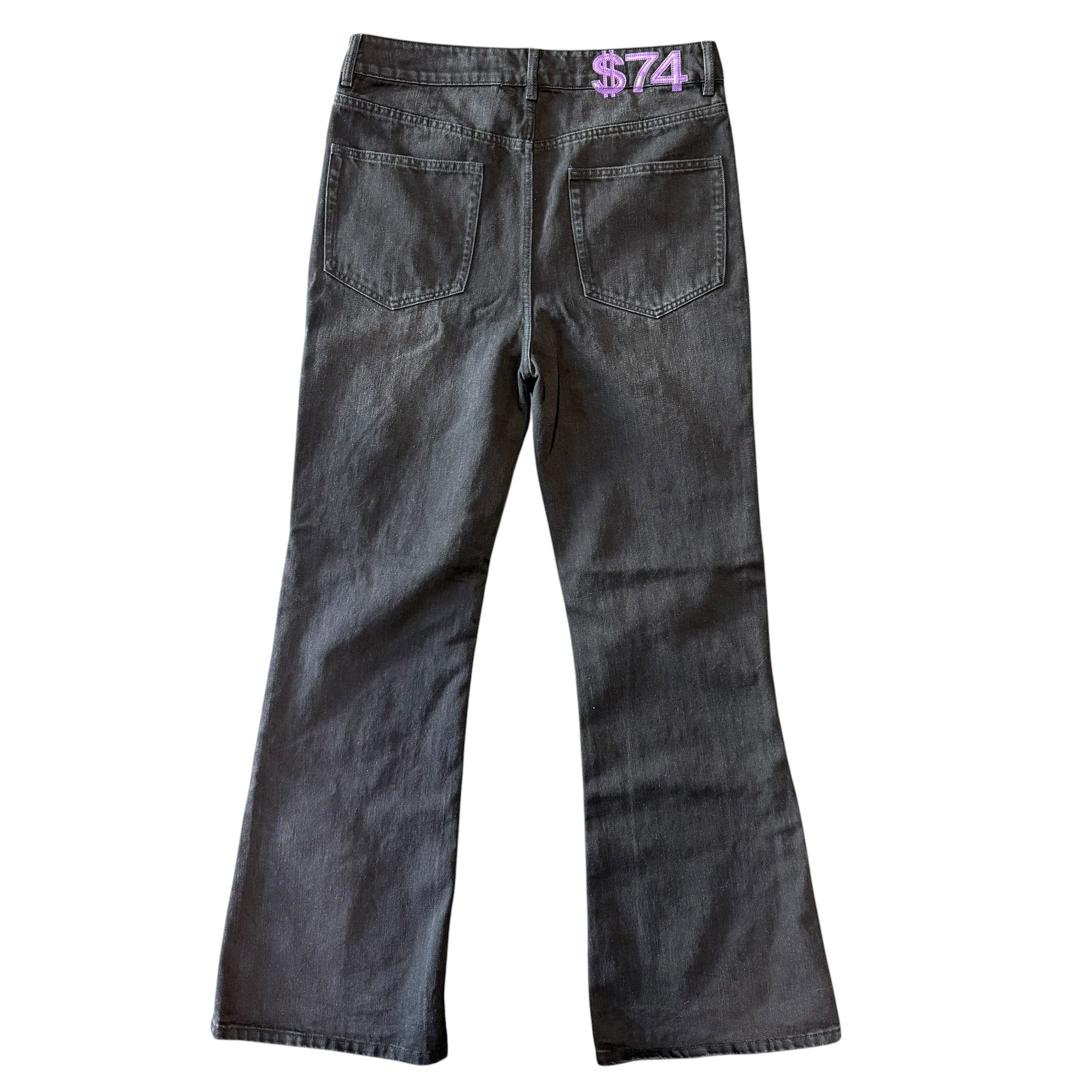 74 is War Black Distressed Flare Jeans