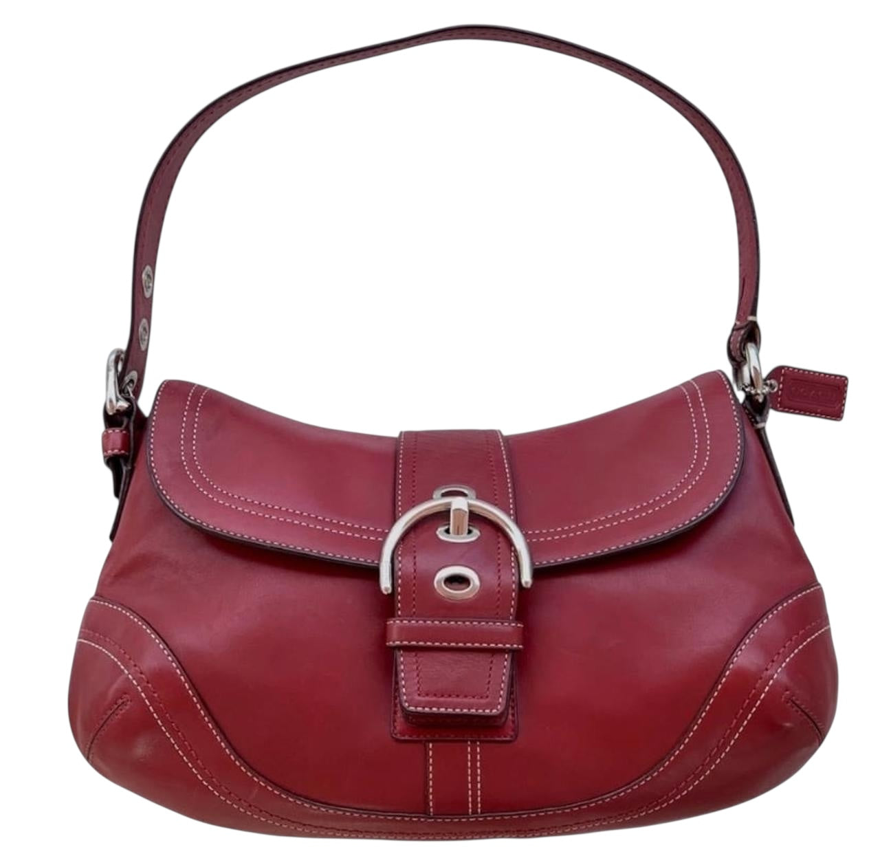 COACH Dark Burgundy Red Leather Soho Boho Flap Buckle Shoulder Bag.