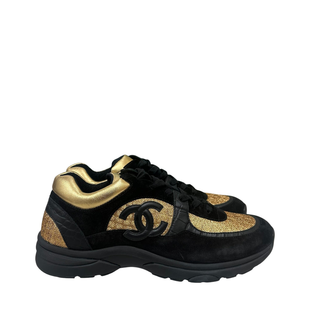 CHANEL Black and Gold CC Emblem Low TopTrainer Sneakers