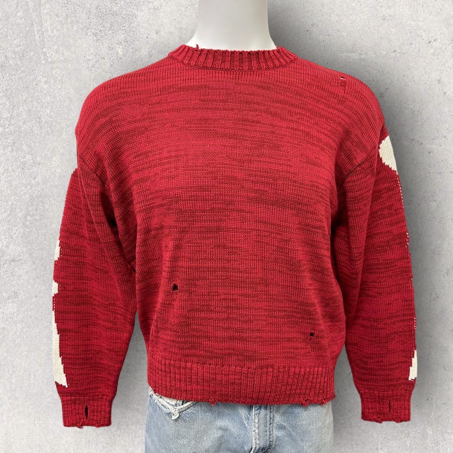 Kapital Wool Bone Red Distressed Crewneck