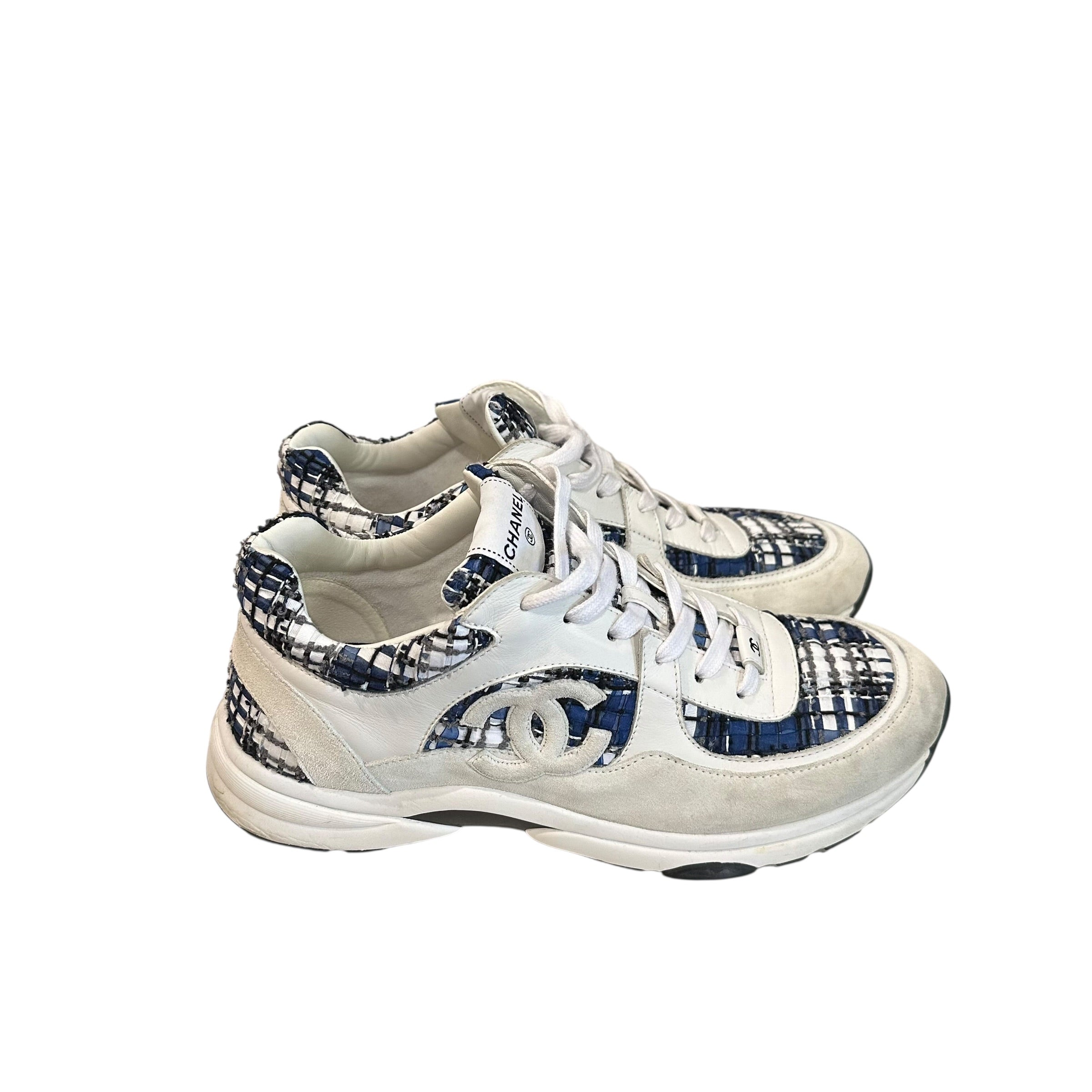 CHANEL Tweed Suede Calfskin CC Sneakers