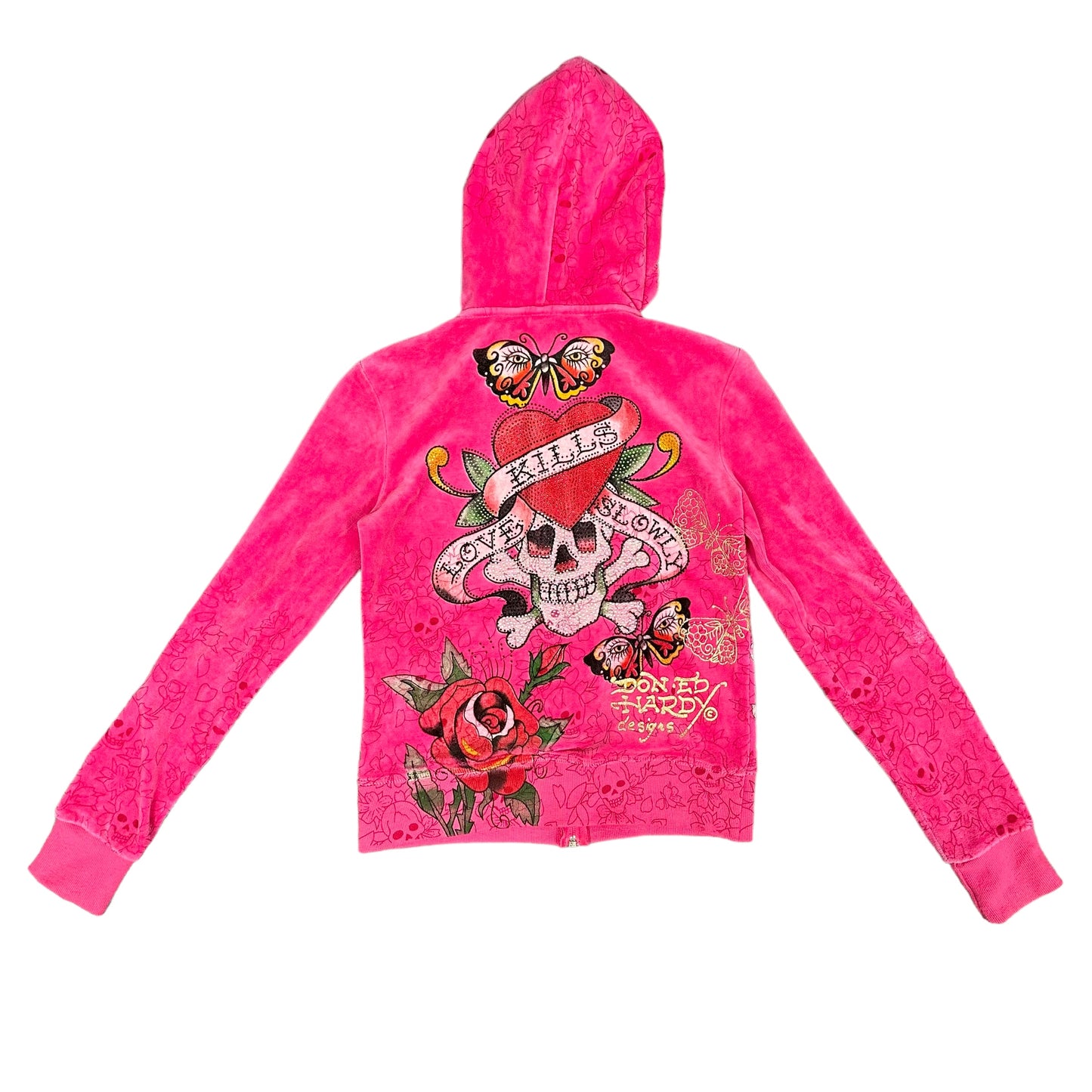 Ed Hardy Pink Skull Rose Velour Hoodie