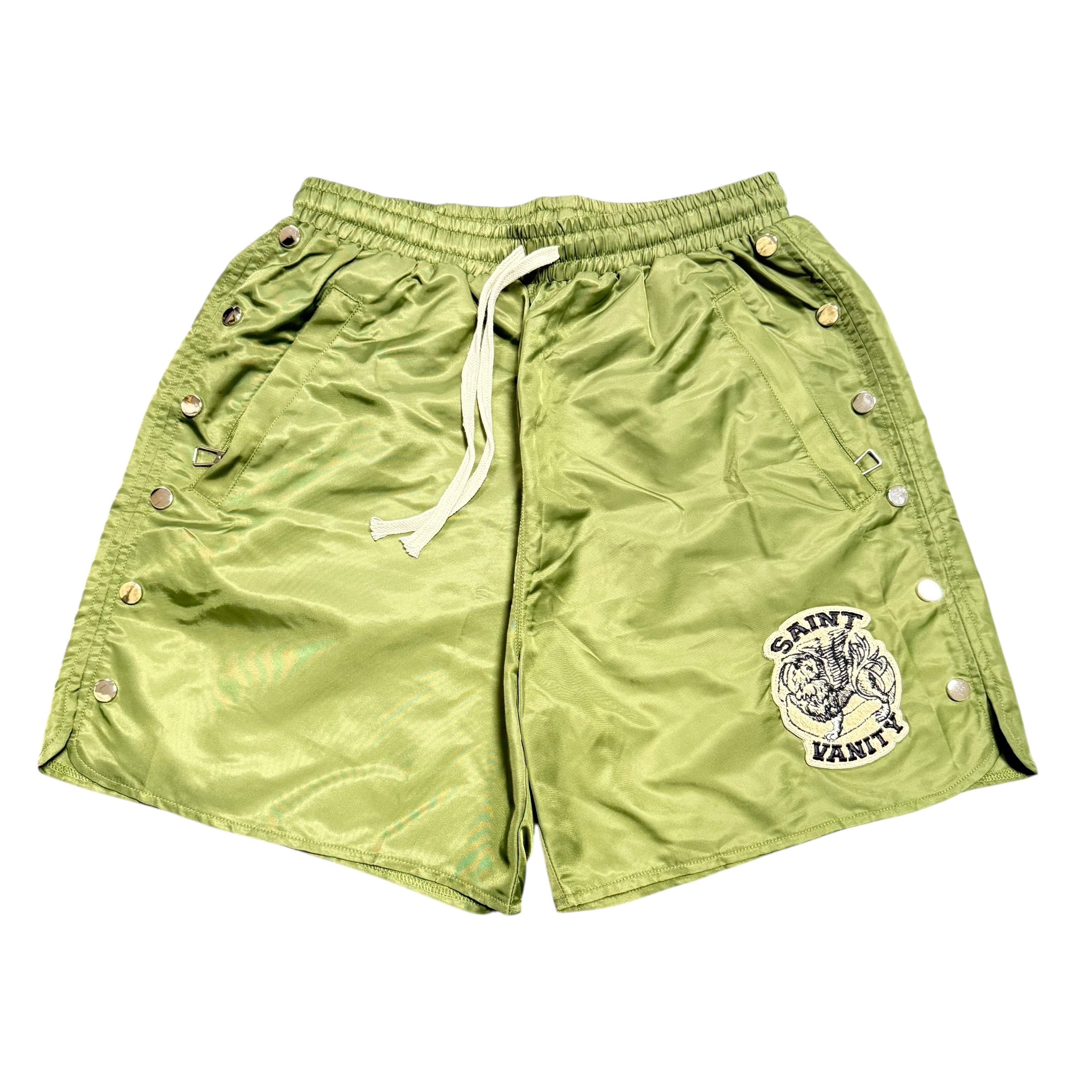Saint Vanity Nylon Logo Button Shorts Olive
