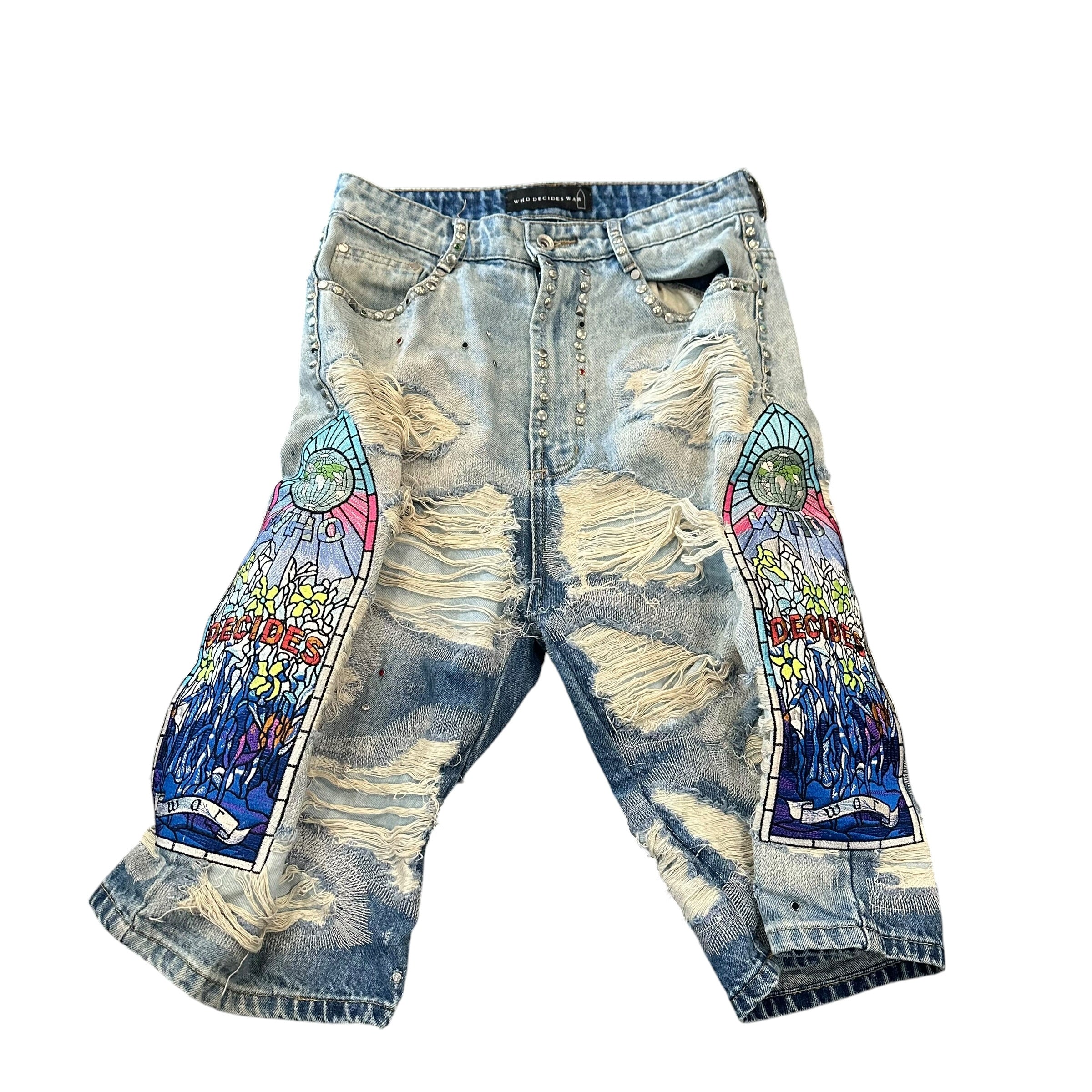 Who Decides War Chrome Stud Embroidered Denim Shorts