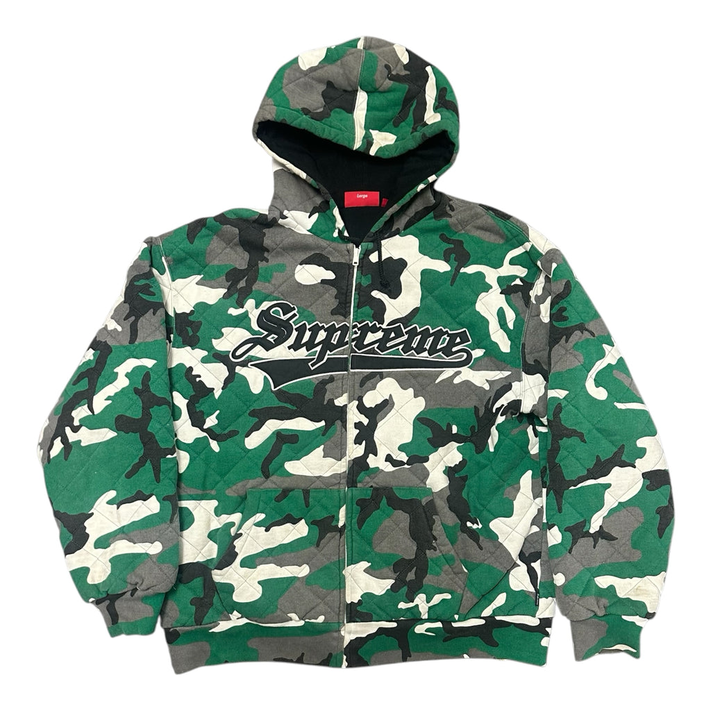 Supreme Quilted Zip Up Hooded Sweatshirt in "Green Camo"