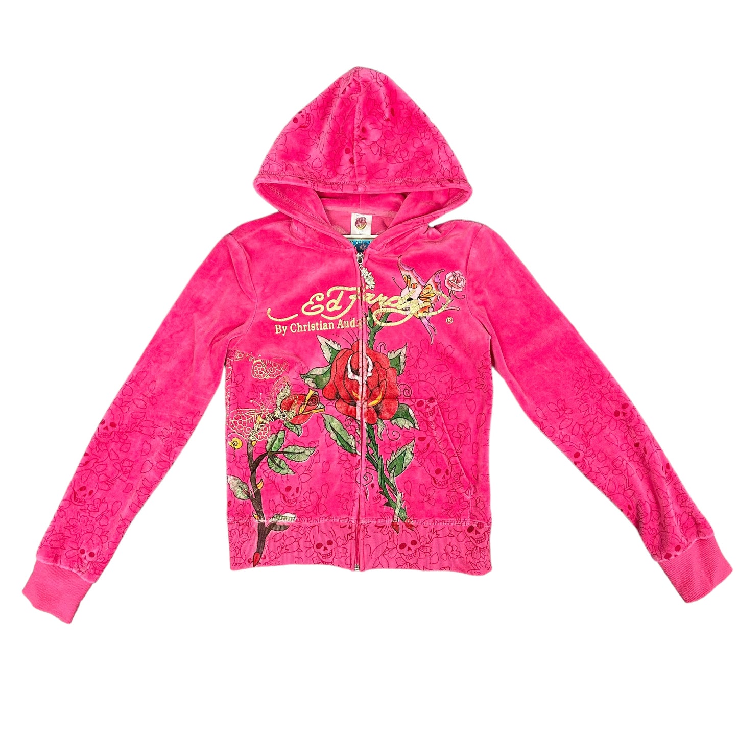 Ed Hardy Pink Skull Rose Velour Hoodie