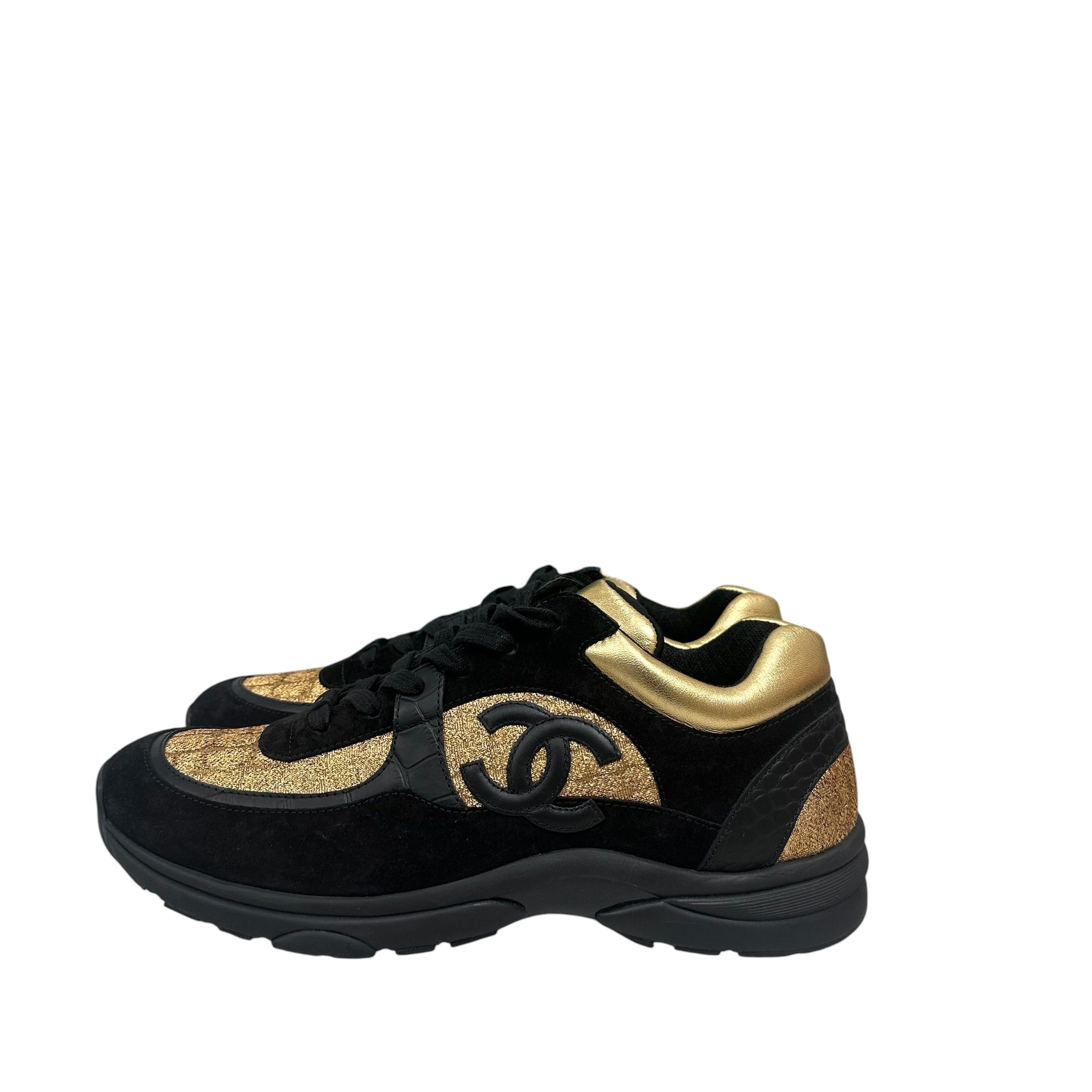 CHANEL Black and Gold CC Emblem Low TopTrainer Sneakers