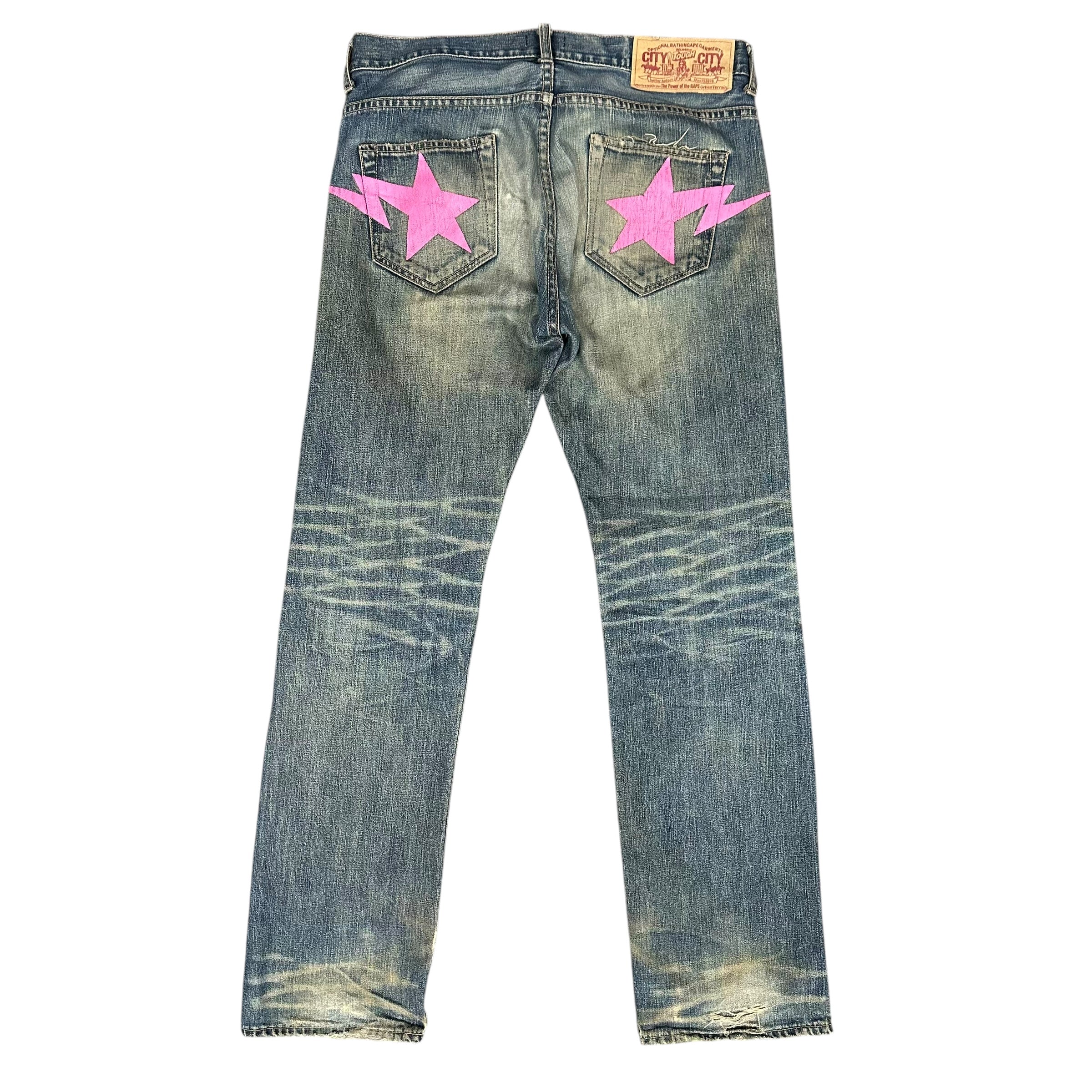 Bape Pink Star Faded Jeans